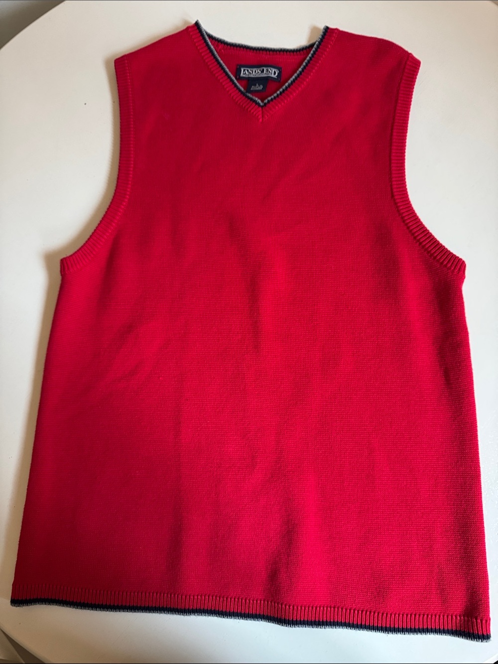 Lands' End Vintage Oversized Bright Red V-Neck Sweater Vest with Navy Trim